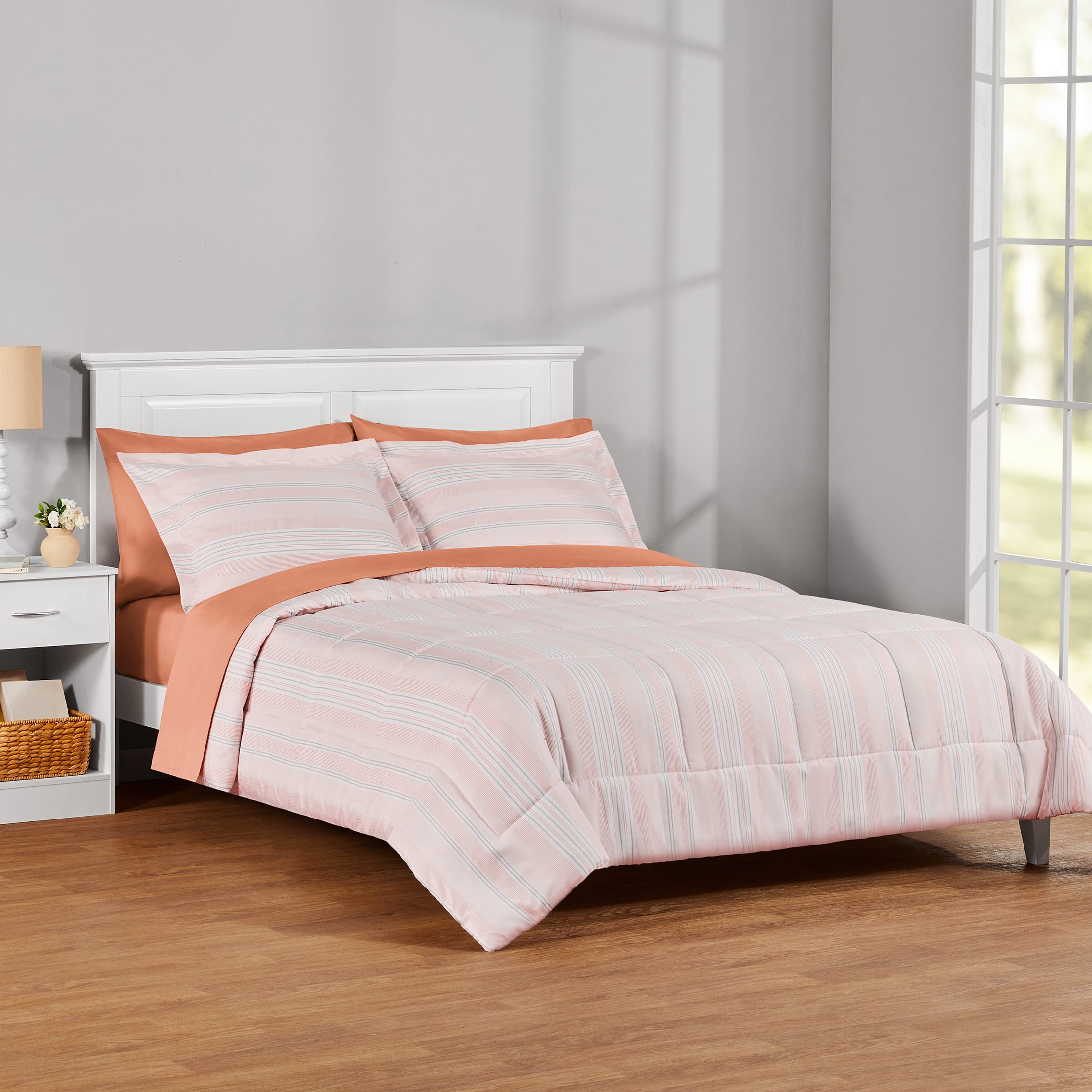 Mainstays All in One Reversible Comforter and Sheet set- 7 Piece, Full, Orange Stripe