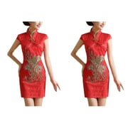 2pcs Traditional Chinese Women Wedding Cheongsam Slim Short Sleeve Qipao Size M (Red)