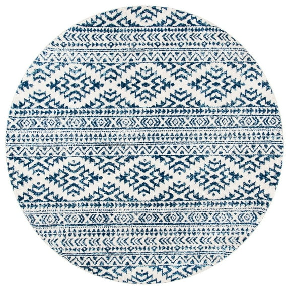 SAFAVIEH Tulum Lakisha Distressed Southwestern Area Rug, 5' x 5' Round, Ivory/Navy