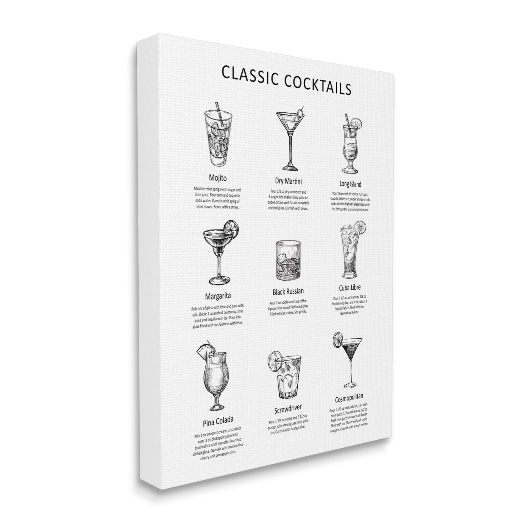 Stupell Industries Classic Cocktails Mixed Drinks Kitchen Bar Sign Chart Graphic Art Gallery Wrapped Canvas Print Wall Art, Design by Lettered and Lined