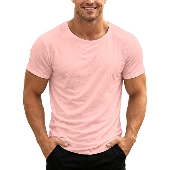Men Knit Crew Neck Short Sleeve T Shirt Casual Soft Basic Top,Pink,XL