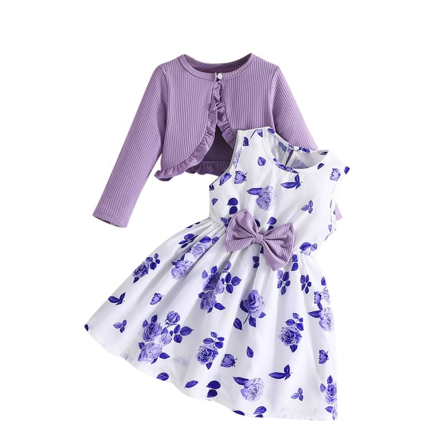 Odeerbi 2-9 Años Niñas Conjunto de Verano Vestido de Tirantes Floral de Algodón Con Bolero Shrugs Conjunto de Dos Piezas Cardigan de Manga Larga Conjunto de Vestido de Sol