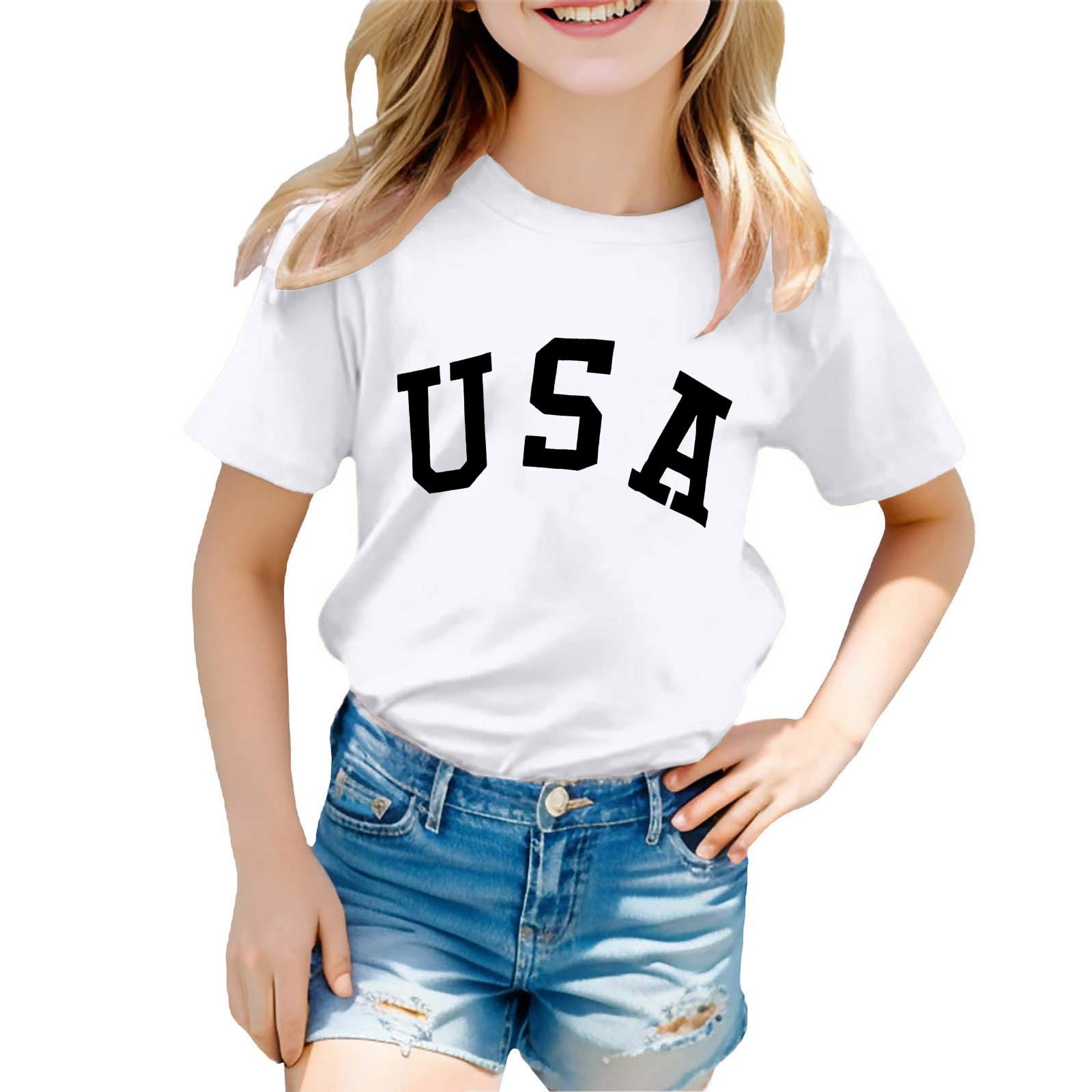 PMVFHDE Tee-Shirt Robe Tees & Blouses Hauts Filles Hauts d'Été Filles Tee-Shirt Tendance Garçon et Fille Mode Décontractée Imprimé Col Rond Manches Courtes T-Shirt Haut Blanc, 5-6 Ans