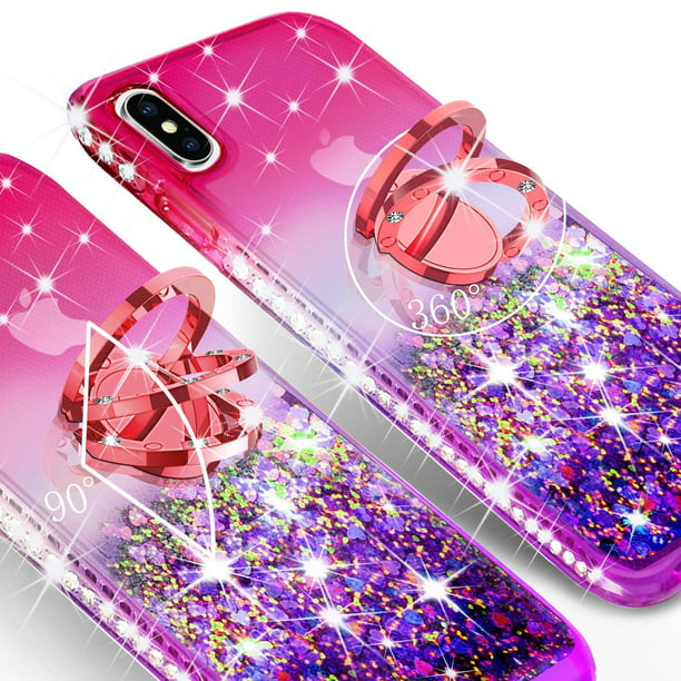 Rhinestone Liquid Quicksand Cover Cute Phone Case Compatible for Apple iPhone XR 6.1 inch Case with Embedded Diamond Ring for Car Mounts and Lanyard - Purple on Pink -