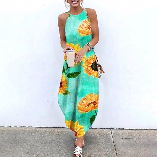 SMihono Robe Maxi Boho d'Été pour Femmes Grande Taille Robe d'Été Décontractée Sans Manches à Col Licou avec Bretelles Jupe Fendue Maxi Imprimée Robe de Plage Robe d'Été