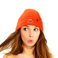 thumbnail image 3 of Dalix Embroidered Smile Face Beanie in Neon Orange, 3 of 5