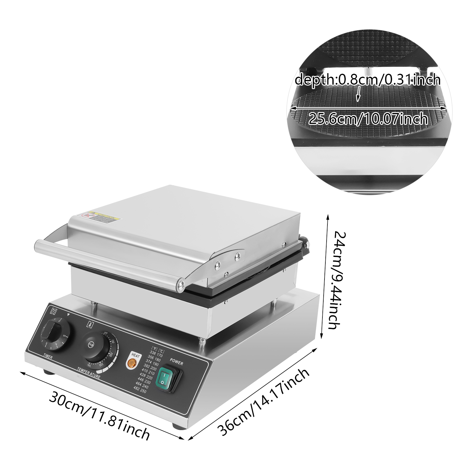 Commercial Waffle Maker, 1500W, Adjustable Temp (50-300℃) & Timer (0-5 Min), Non-Stick Teflon Coating, Stainless Steel, for Ice Cream Cones & Waffles