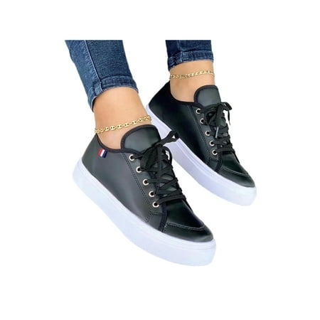 

Woobling Women Anti Slip Fashion Sneakers Round Toe White Sneaker Running Comfort Lace Up Walking Shoe Black 7