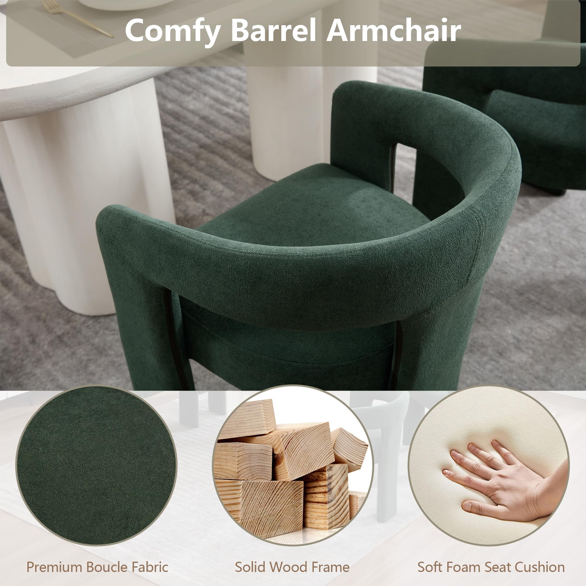 Tmsan Green Modern Boucle Kitchen Chairs,Multipurpose Comfy Accent Armchair for Dining Room Living Room,2 Set Upholstered Barrel Kitchens Chair,Green
