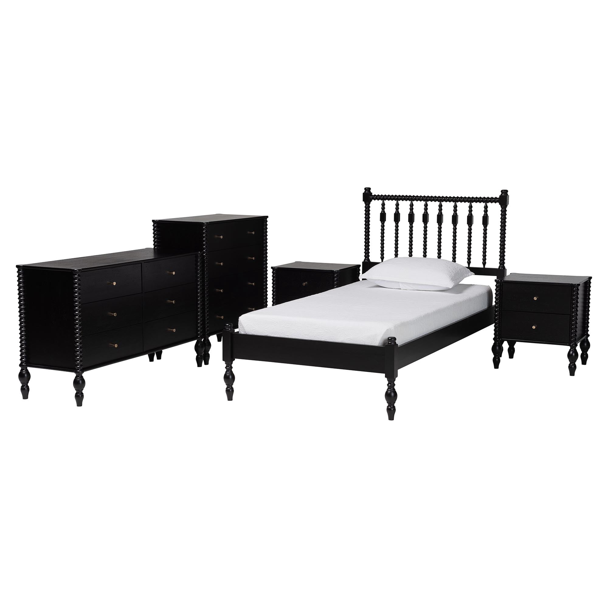 Baxton Studio Callison Farmhouse Bedroom Set, Twin, 5-Piece, Black