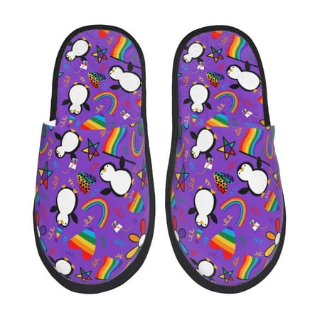 Balery Rainbow Lgbt Penguin Slient Indoor Furry Fleece Comfort House Shoes Soft Non-Slip Home Shoes Cotton slippers House Slippers-- Medium