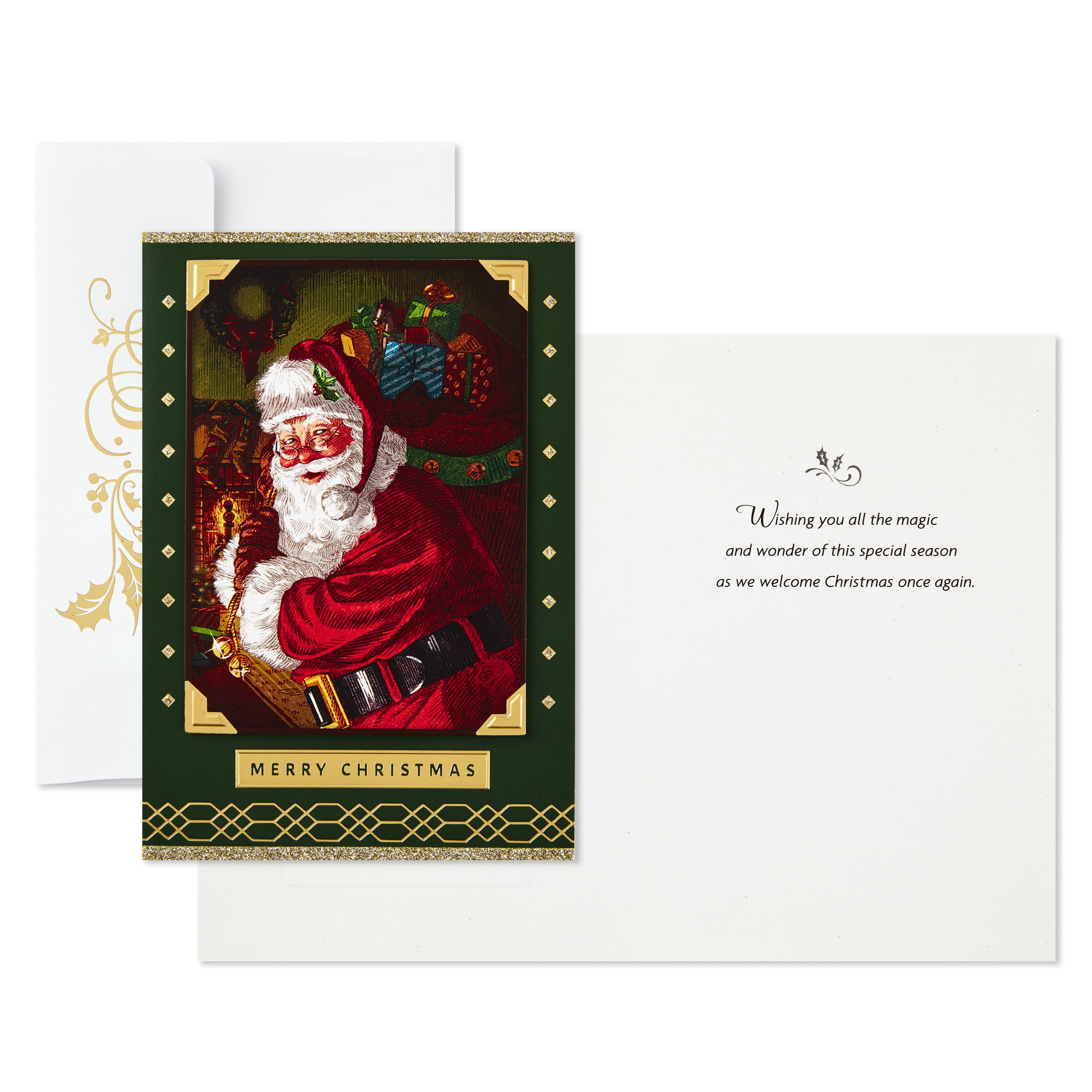 Hallmark Boxed Christmas Cards, Green and Gold Santa Claus (12 Cards and 13 Envelopes)