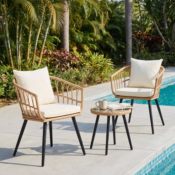 3 Piece Patio Bistro Set,Outdoor Wicker Apartment Balcony Furniture Sets, Rattan Table and Chairs Set of 2 for Porch Backyard Lawn Poolside Deck, Beige