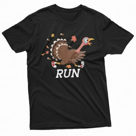Funny Run Turkey T Shirt Thanksgiving Party Costume Graphic Tee Short Sleeve Round Neck Black S-5XL