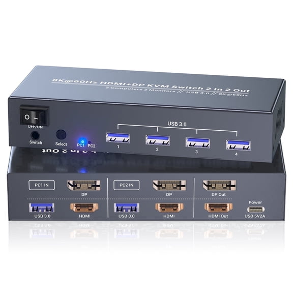 2 Monitors 2 Computers HDMI DP KVM Switch, 8K@60Hz 4K@120Hz Dual Monitor KVM Switcher with USB 3.0 Hub, Control 2 PCs via 1 Keyboard Mouse and 2 Screens