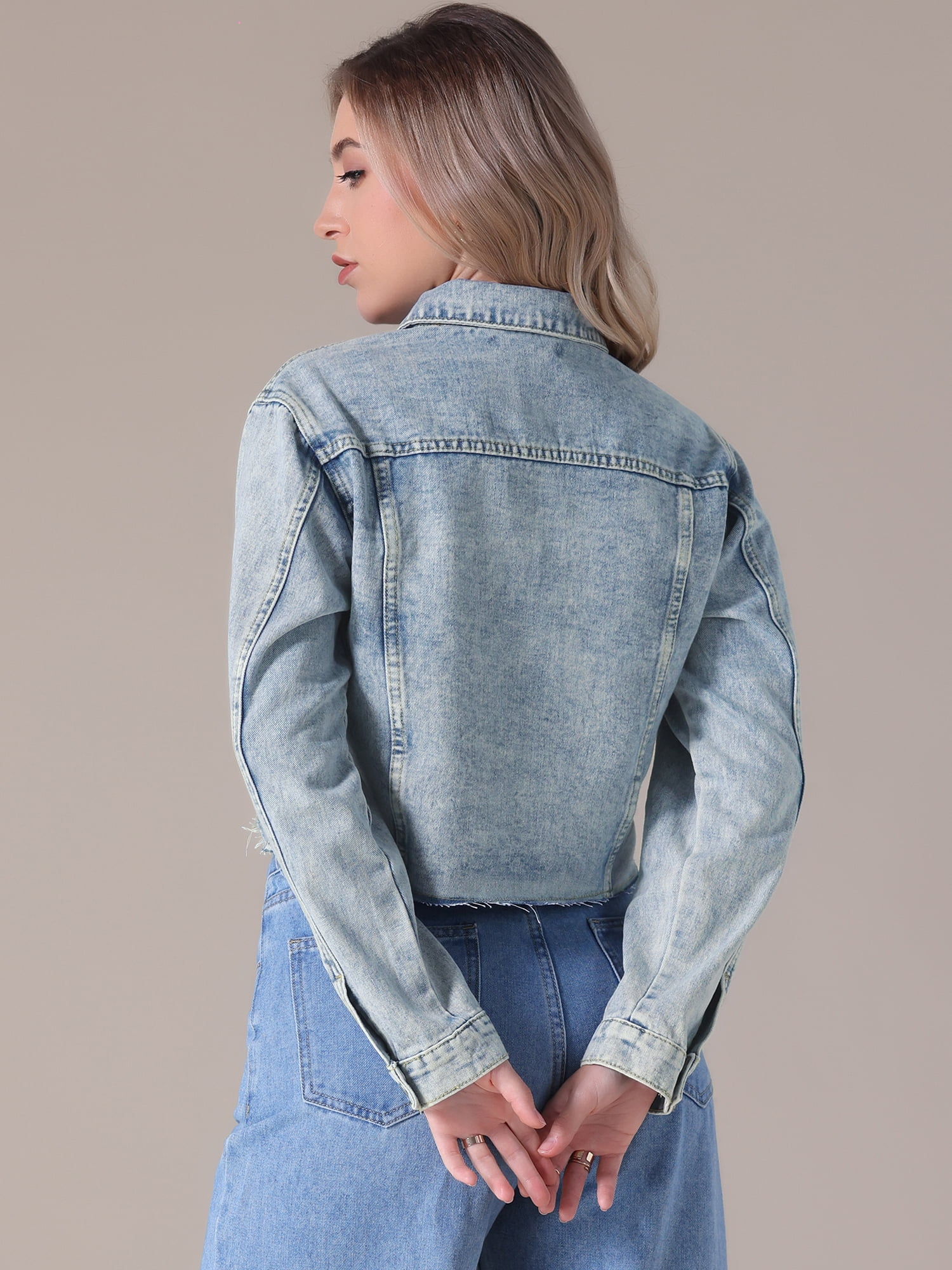 DARING DIVA Women's Cropped Washed Lightweight Frayed Hem Denim Jacket L Light Blue