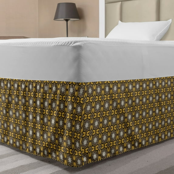 Abstract Bed Skirt, Composition of Round Formations in Earth Tones, Elastic Bedskirt Dust Ruffle Wrap Around for Bedding Decor, 4 Sizes, Pale Earth Yellow Taupe, by Ambesonne