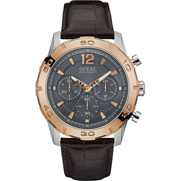 Guess Men's W0864G1, chronograph,stainless steel case,leather strap,Gold-Tone,gray dial,Screw Crown,100m WR