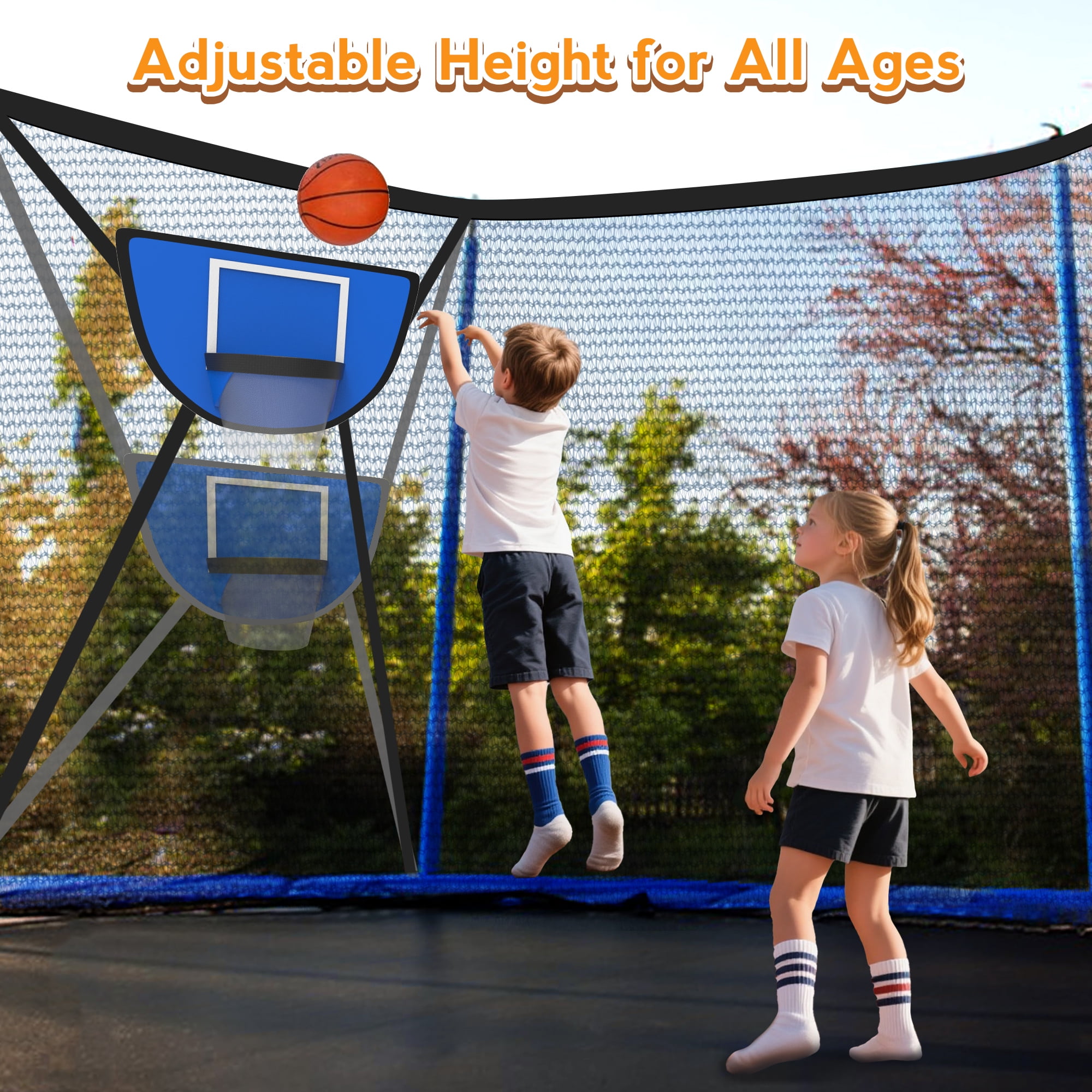 KOFUN Trampoline 12FT with Basketball Hoop for Kids and Adults, Capacity 1200LBS, Outdoor Backyard Trampoline with Enclosure Net, Ladder, Light, Blue