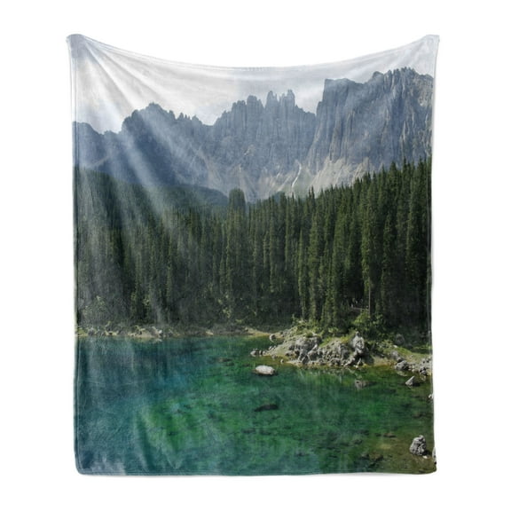 Nature Soft Flannel Fleece Throw Blanket, Aerial View of Pine Forest by Lake Beneath Mountain Pastoral Landscape, Cozy Plush for Indoor and Outdoor Use, 70" x 90", Dark Green Jade Green, by Ambesonne