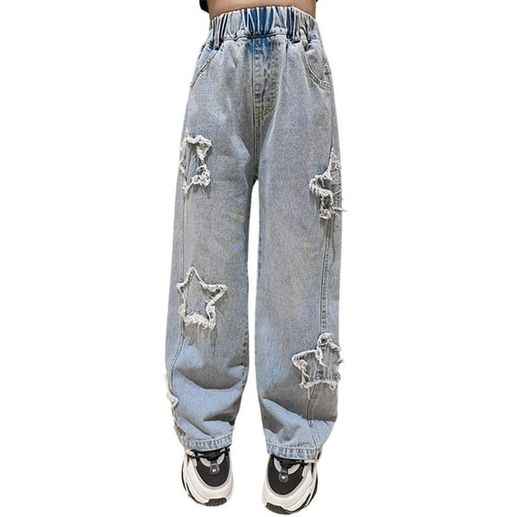 Girls Baggy Jeans Casual Wide Denim Pants Jeans Washed Pants for Teen Girls 5-14 Years