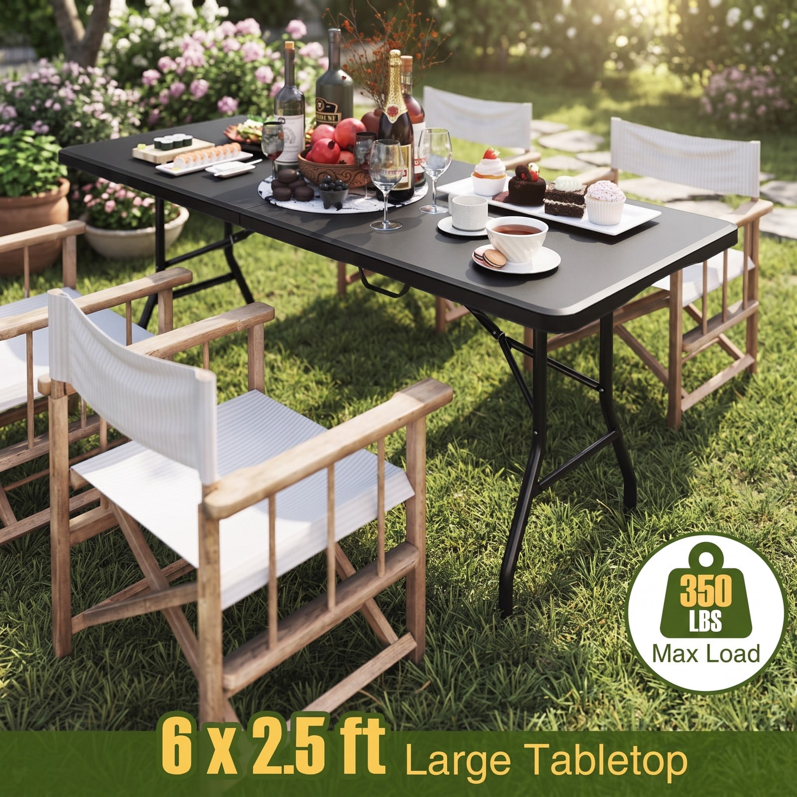 ALPULON 6 FT Portable Folding Table, 350 LBS Fold-in-Half Plastic Utility Table with HDPE Tabletop and Carry Handle for Picnic, Camping, Party and Indoor Events, Black