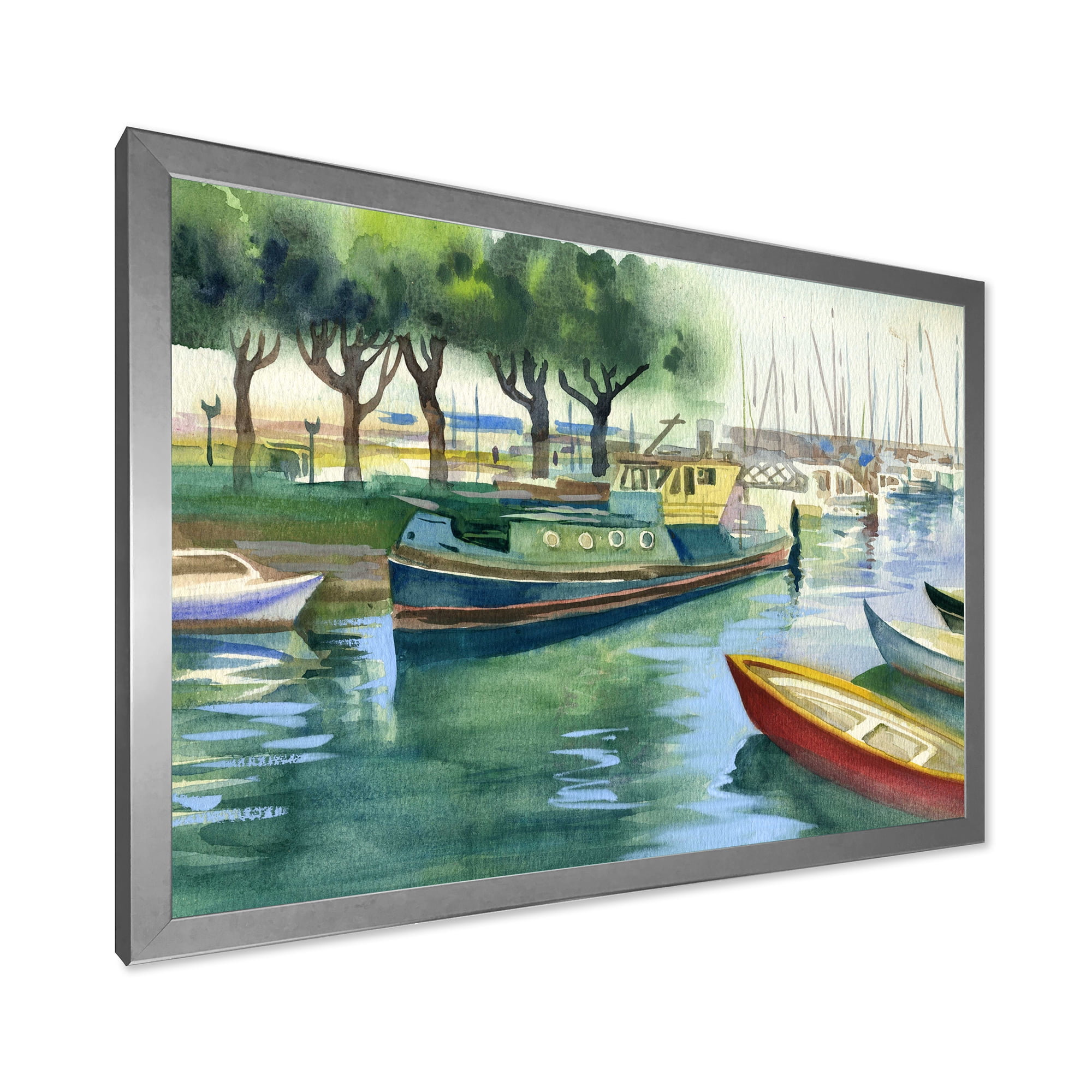 Boats At The Lake in Green Spring 32 in x 16 in Framed Painting Canvas Art Print, by Designart