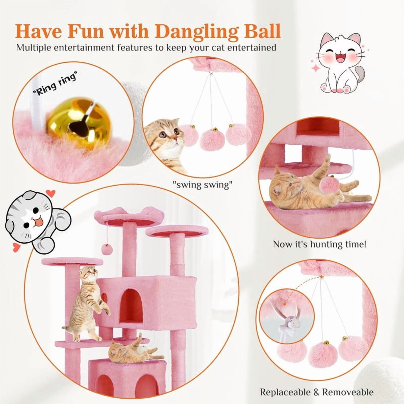 Kelno 54" Cat Tree Tower Durable Cat Climbing Tower with Sisal Scratching Posts Cozy Condo Hammock and Platforms, Pink