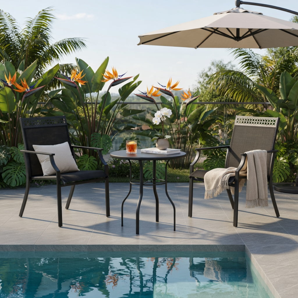 Hommoo 2-Piece Outdoor Patio Chairs Set, All-Weather Breathable Fabric, Heavy-Duty Steel Frame, Poolside & Lawn Ready, Black