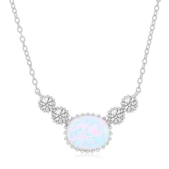 Beaux Bijoux Oval Created White Opal and Round Simulated Diamond CZ Necklace in Sterling Silver - Round Beaded Necklace for Women - Fine Jewelry for Her