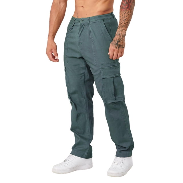 PEASKJP Mens Solid Cargo Pants Straight Leg Drawstring Causal Fit Flex Hiking Pants for Men,Green M