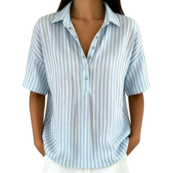 DHFJKG Linen Polo Shirts For Women Short Sleeve Loose Fit Striped Printed Shirts Summer Beach Vacation Clothes Soft Tops