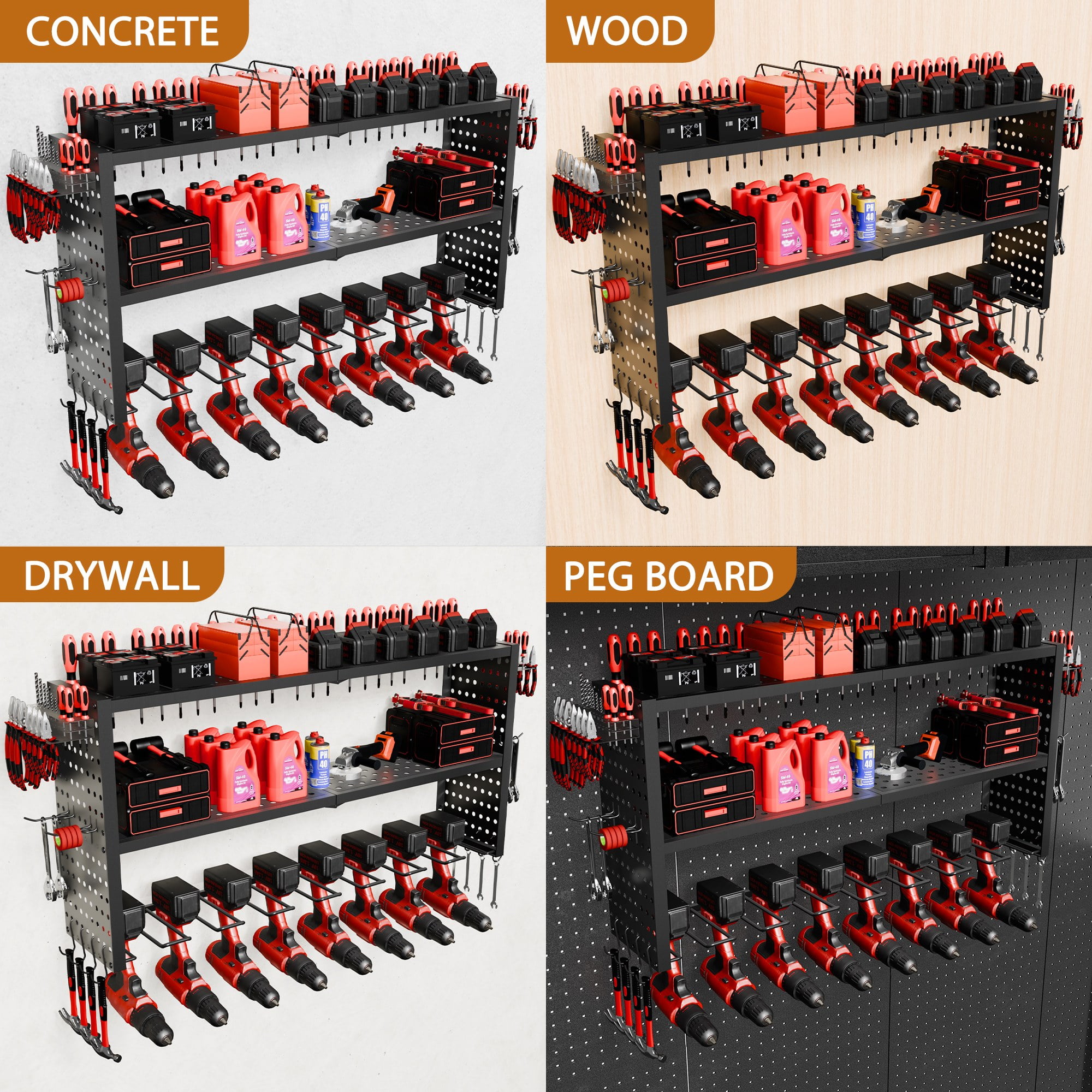SQIREP Power Tool Organizer,3 Layers Storage Rack with 8 Drill Holders,Tool Organizer Wall Garage Organizer for Garage Organization, Workbench, Pegboard, Shed