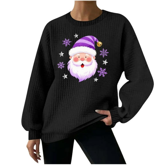Women's Waffle Pullover Sweatshirt Santa Claus Graphic Tops Merry Christmas Shirts Xmas Novelty Tees Happy Festival Outfits Christmas Hat Clothing Comfy Pullovers