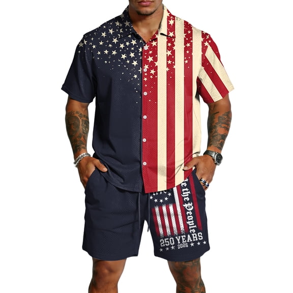 Men's Independence Day 2 Pieces Summer Outfits Short Sleeve Button Down Shirts and Beach Shorts US 250 Anniversary Casual Vacation Outfits