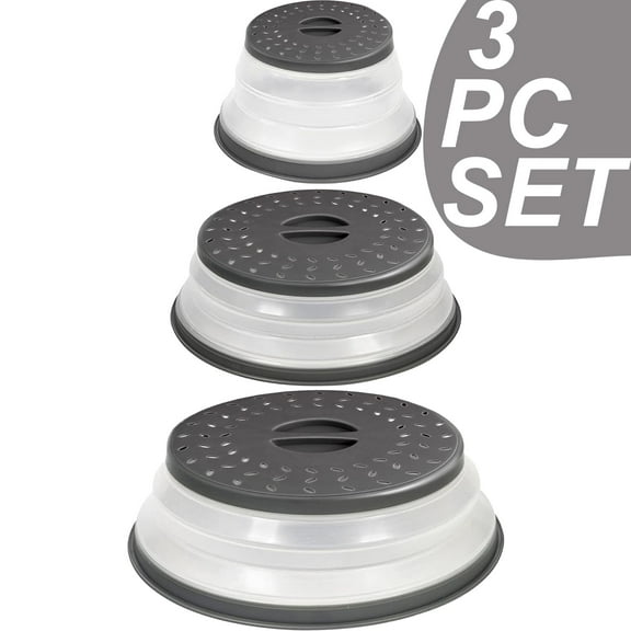 3 Piece, Microwave Splatter Cover for Food, Collapsible & Vented Silicone Splatter Guard Lid, BPA Free Plate & Dish Cover with Handle, Kitchen Gadget, Grey
