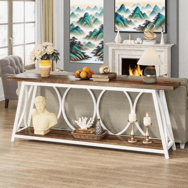 70.9" Vintage Rustic Console Table - Wood & Black Metal, 1.57" Particle Board with Bottom Shelf, 230lb Capacity for Living Room, Entryway, Behind Couch, Hallway