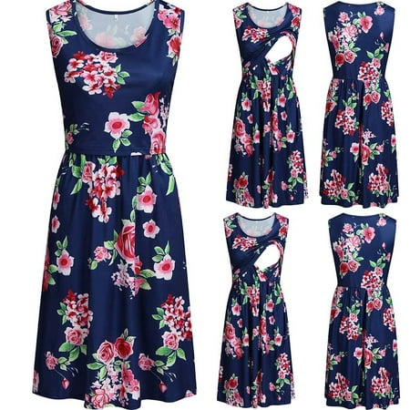 

jbyrvq Maternity Clothes Women Floral Sleeveless With Pockets Nursing Breastfeeding Dress