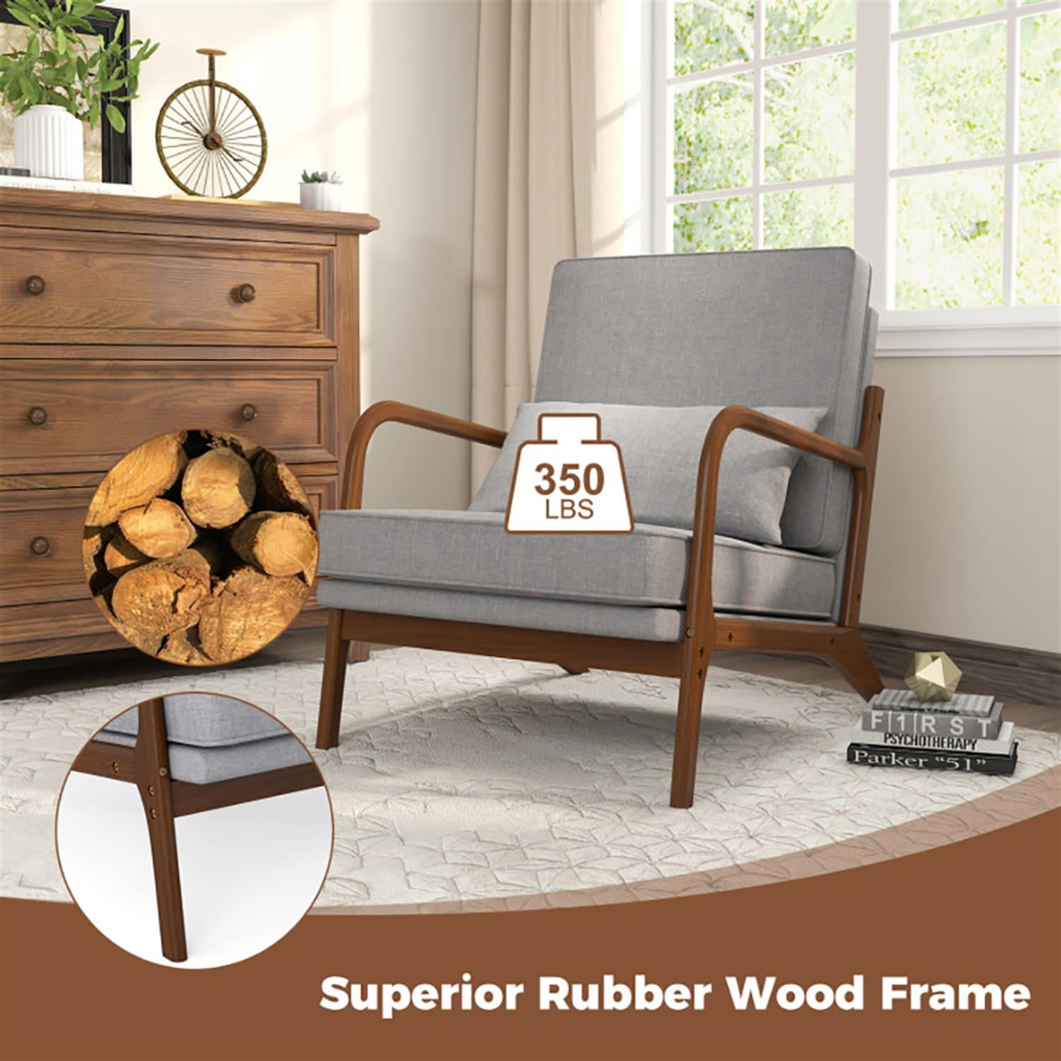 Demi Bonn Modern Accent Chair, Elegant Armchair with Rubber Wood Armrests and Removable Back, Suitable for Living Room Bedroom Reception Room Office, Gray