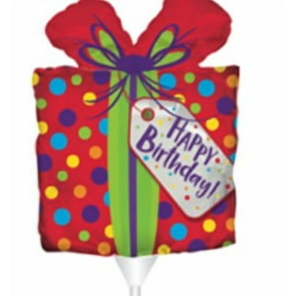 STICK BALLOON HBD RED PRESENT DOTS