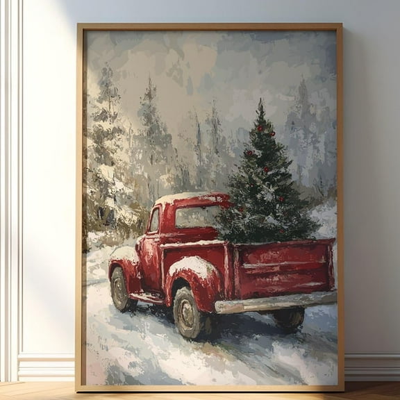 Rustic Pickup With Christmas Tree , Red Christmas Truck Art Poster, Vintage Red Car Print, Christmas Drawing, Holiday Art Decor- Wall Art Print, 8x12 UNFRAMED