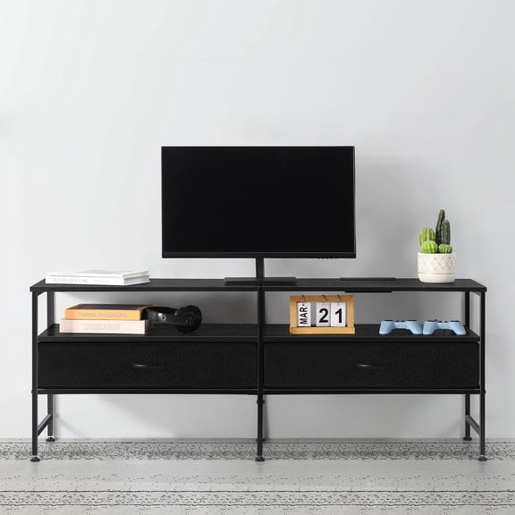 55" Black TV Stand with Charging Station, Media Console with 2 Fabric Drawers & Open Shelves, Industrial Entertainment Center for Living Room