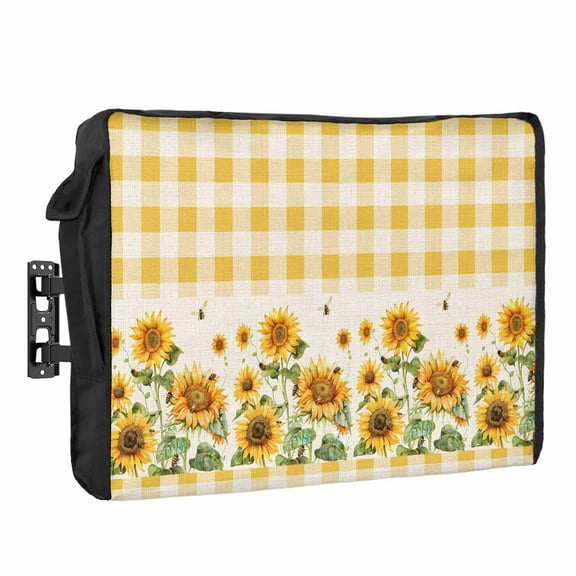 Outdoor TV Cover 80 to 85 Inches, Farmhouse Sunflowers Yellow And White Plaid Linen Texture Waterproof TV Cover with Remote Control Pocket, Flat Screen TV Cover Protector for Outside TV