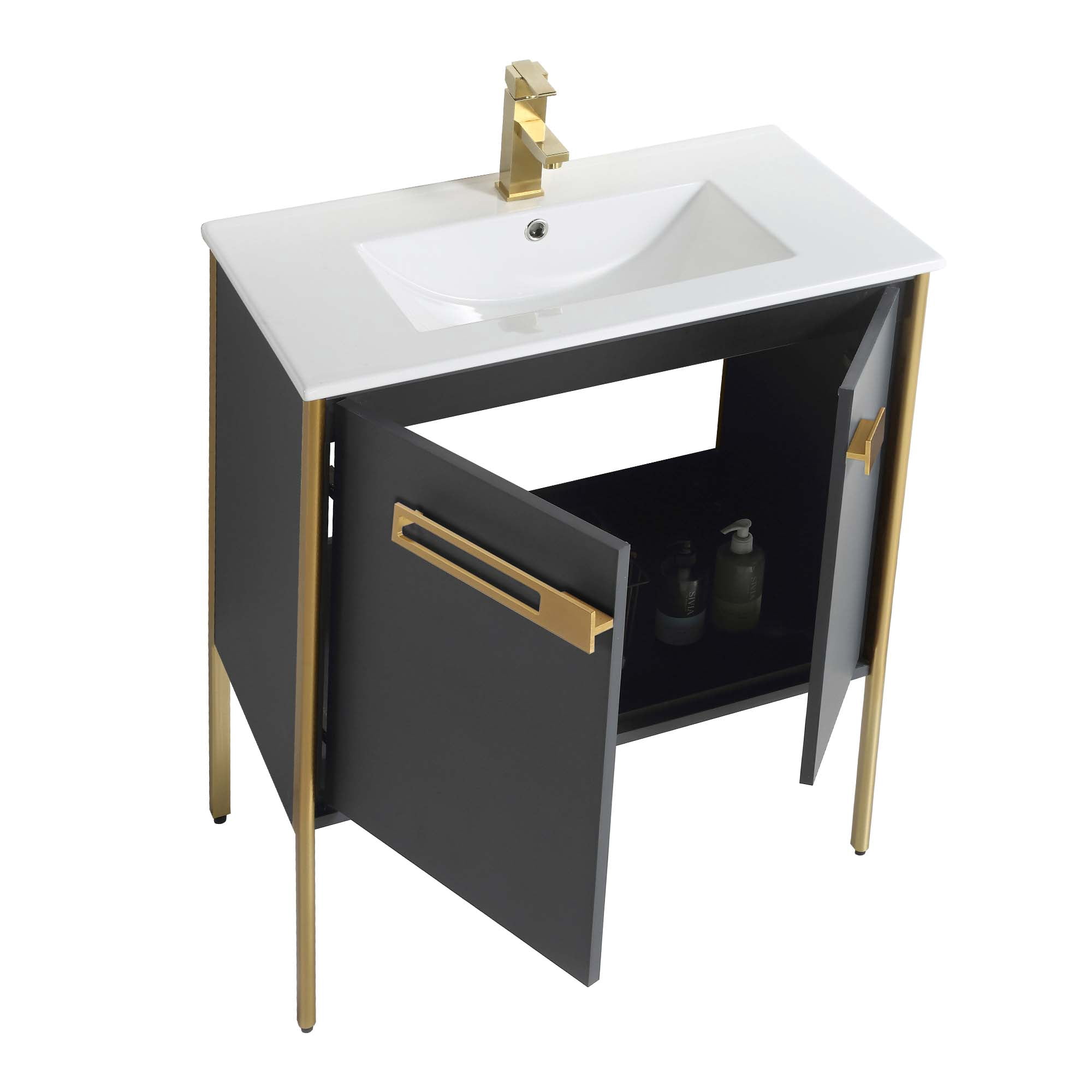 Fine Fixtures  Oakville Bathroom Vanity  with White Ceramic Sink Onix Grey - Satin Brass Hardware 30 Inch