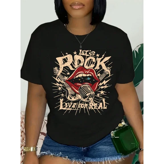 Retro Rock and Roll Graphic Tee Women's Vintage Style Music Lover Concert T-Shirt Short Sleeve Casual Black Top