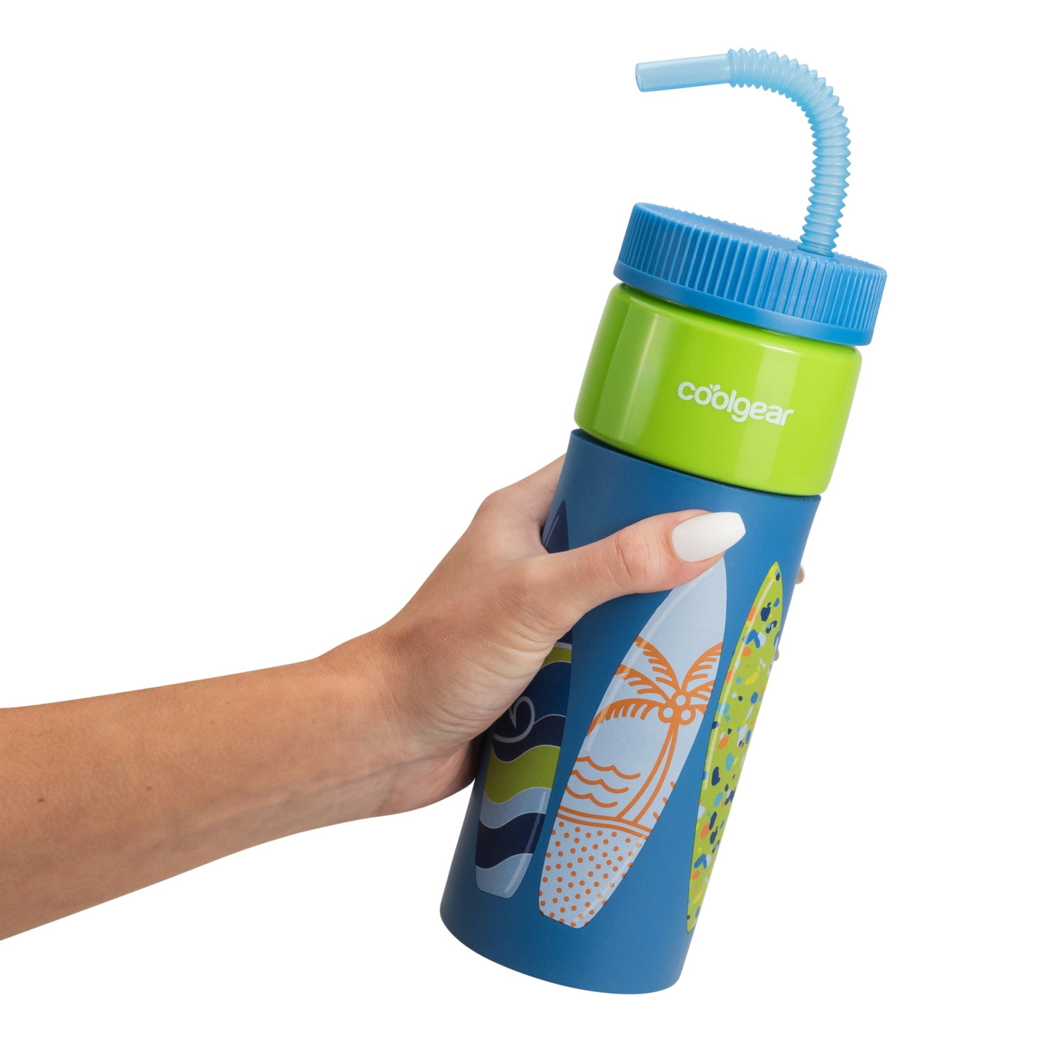 Cool Gear 4-Pack 24oz GO GRIP! Retro Squishy Water Bottle | Cute Printed Design, Foam Grip, Resealable Bendy Straw | Dishwasher Safe - Summer Drinkware for Kids, Adults, Gifts - Green Printed Variety