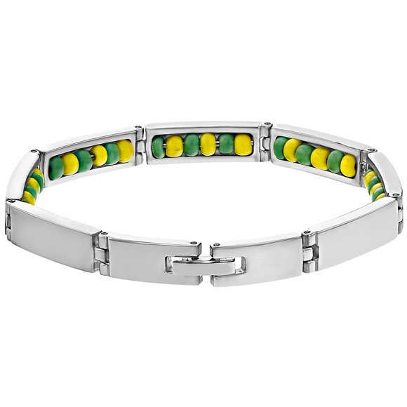Bracelet à Maillons en Acier Inoxydable Perles Vertes et Jaunes Santeria Babalawo Orula 7 Pouces