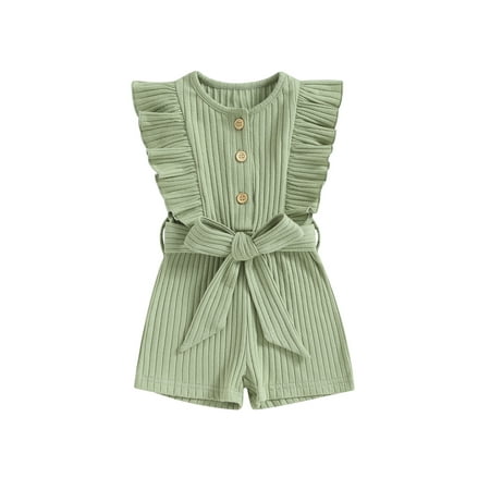 

Wassery Infant Baby Girl Ribbed Jumpsuit Sleeveless Round Neck Ruffled Button One Piece Romper Shorts with Belt 9M 12M 18M 24M 3T 4T Toddler Summer Clothes