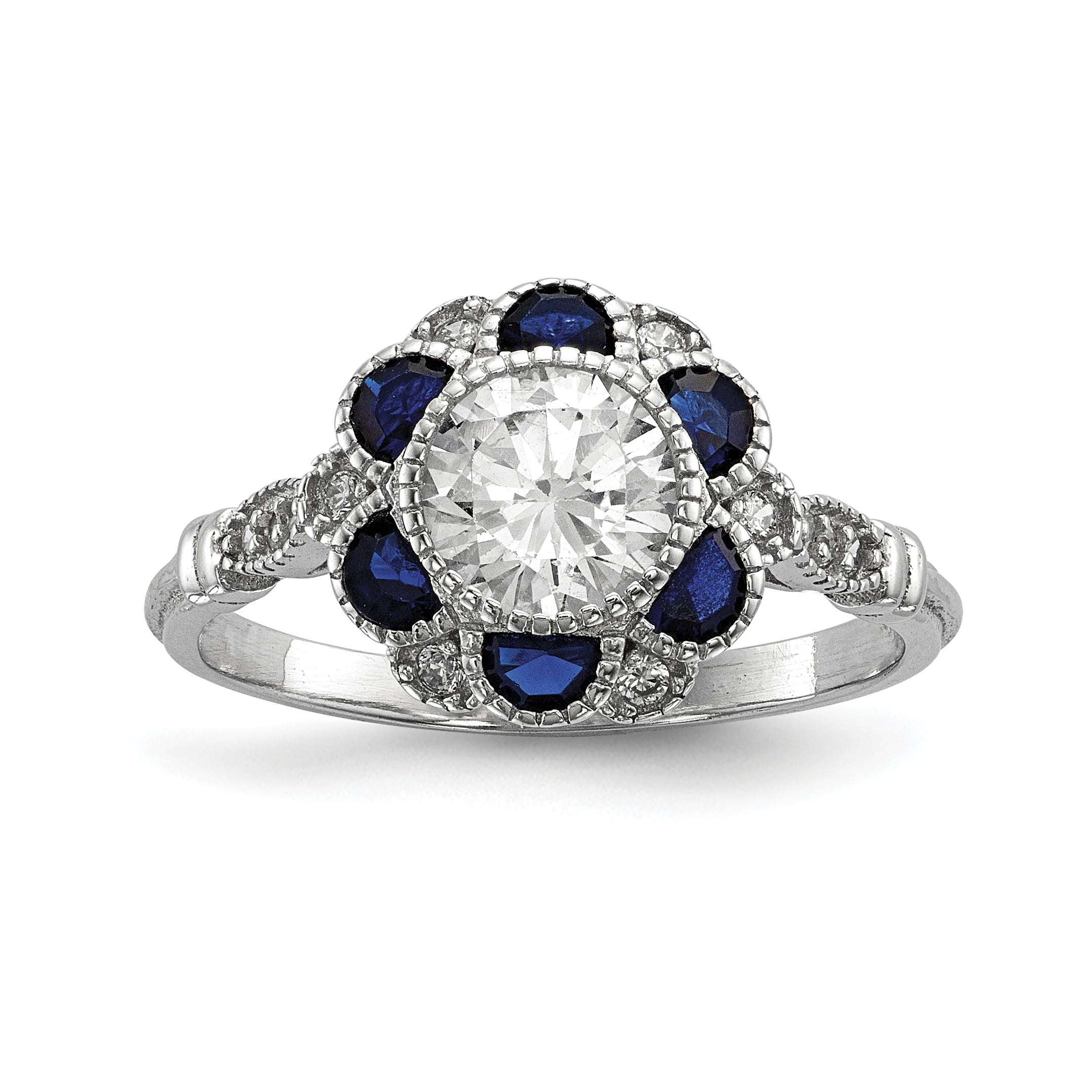 Baby Rings with CZ Sterling Silver Rhodium Plated Vintage Style Blue Sapphire 