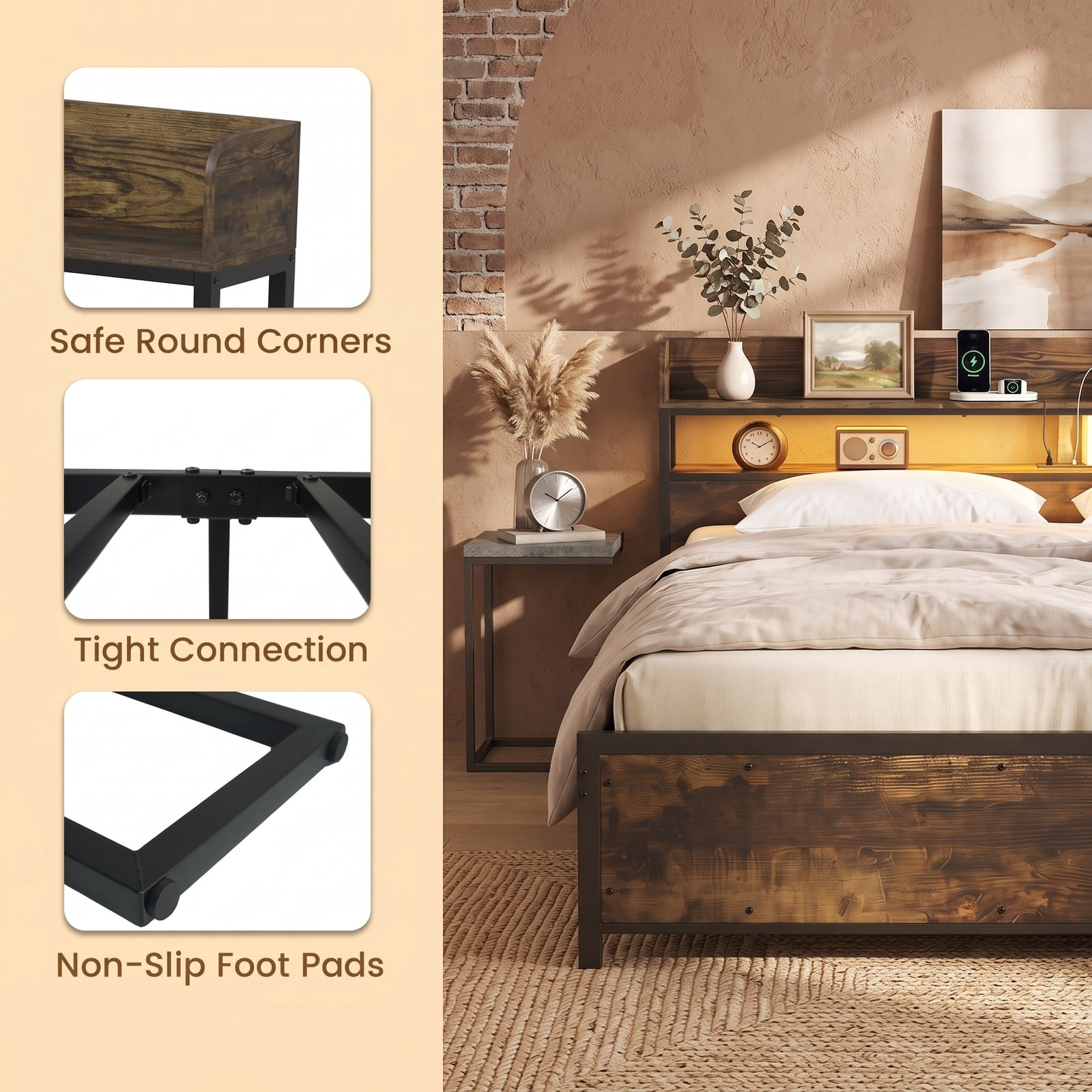 Furnibear King Size Bed Frame with Storage Headboard, LED Platform Bed Frame with Power Outlets and USB Ports, No Box Spring Needed, Rustic Brown